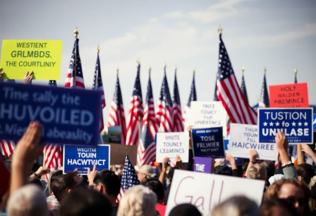 Political rally with flags and signs representing different movements.