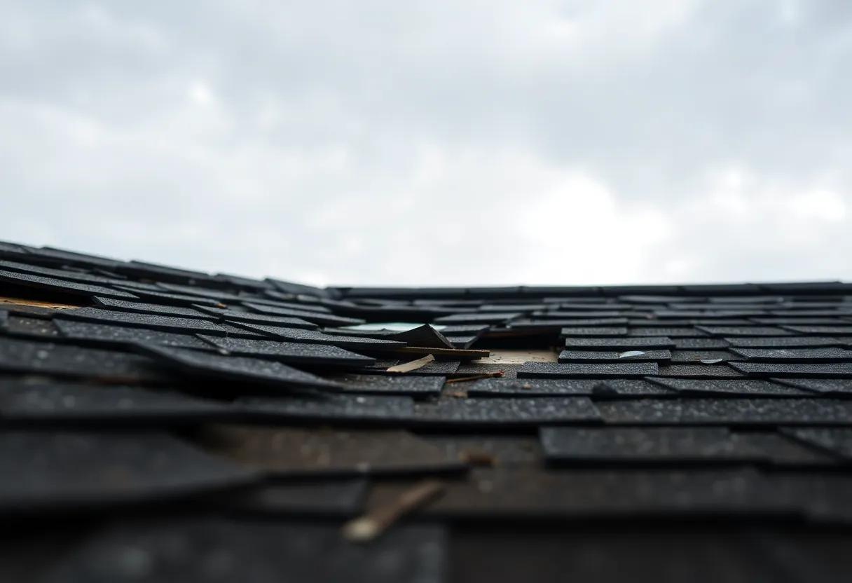 Close-up of a storm-damaged roof with visible missing shingles and granule loss.