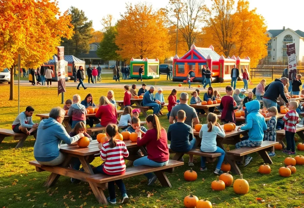 Children and families decorating pumpkins at Shelter Cove Community Park with bounce houses and fall decorations under clear skies
