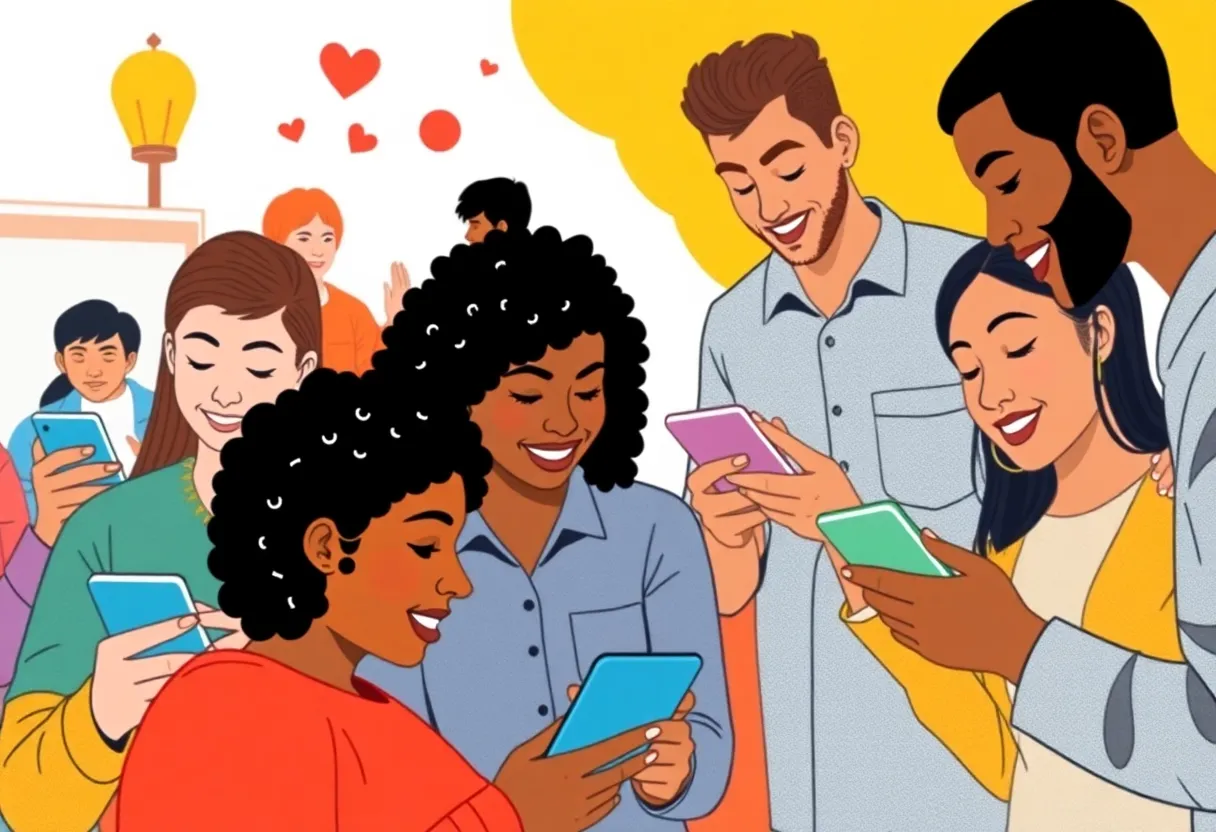 Diverse people engaging in social media storytelling