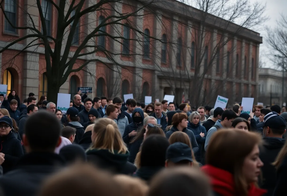A university campus scene reflecting tension after an assassination event.