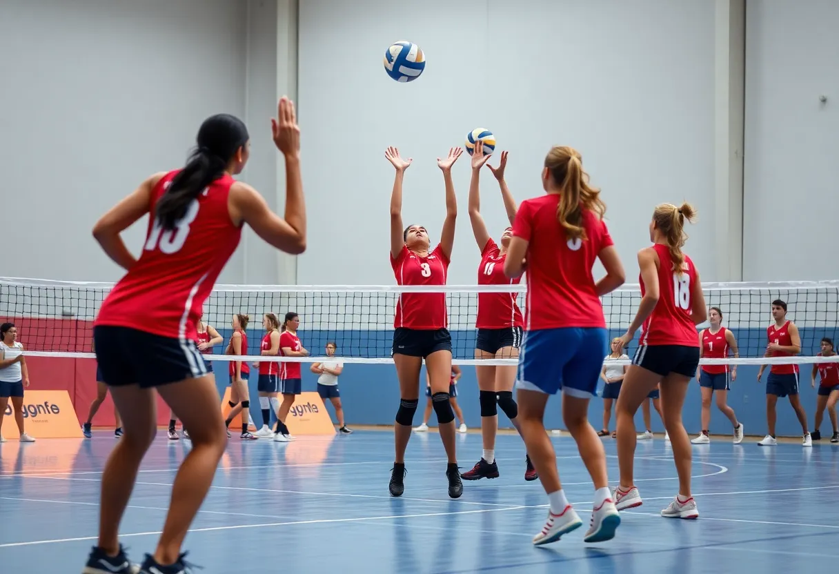 Players competing in a volleyball match between South Aiken and Hilton Head Island.