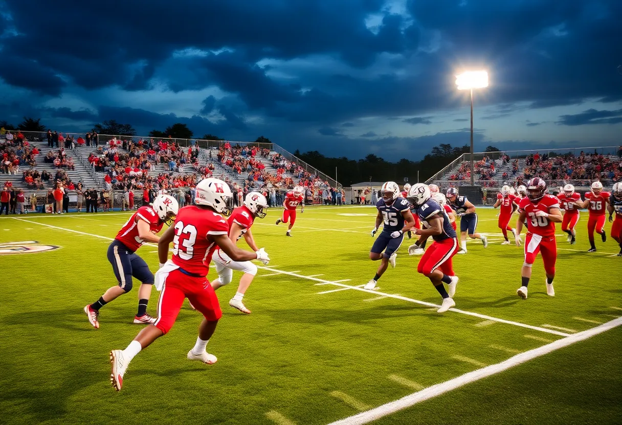 High school football players in action during a game in South Carolina.