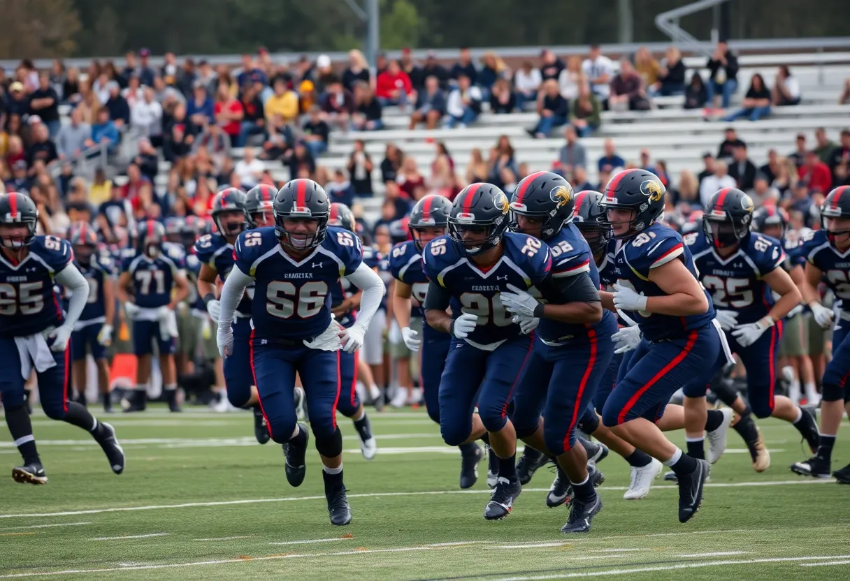 High school football players in action during a game in South Carolina.