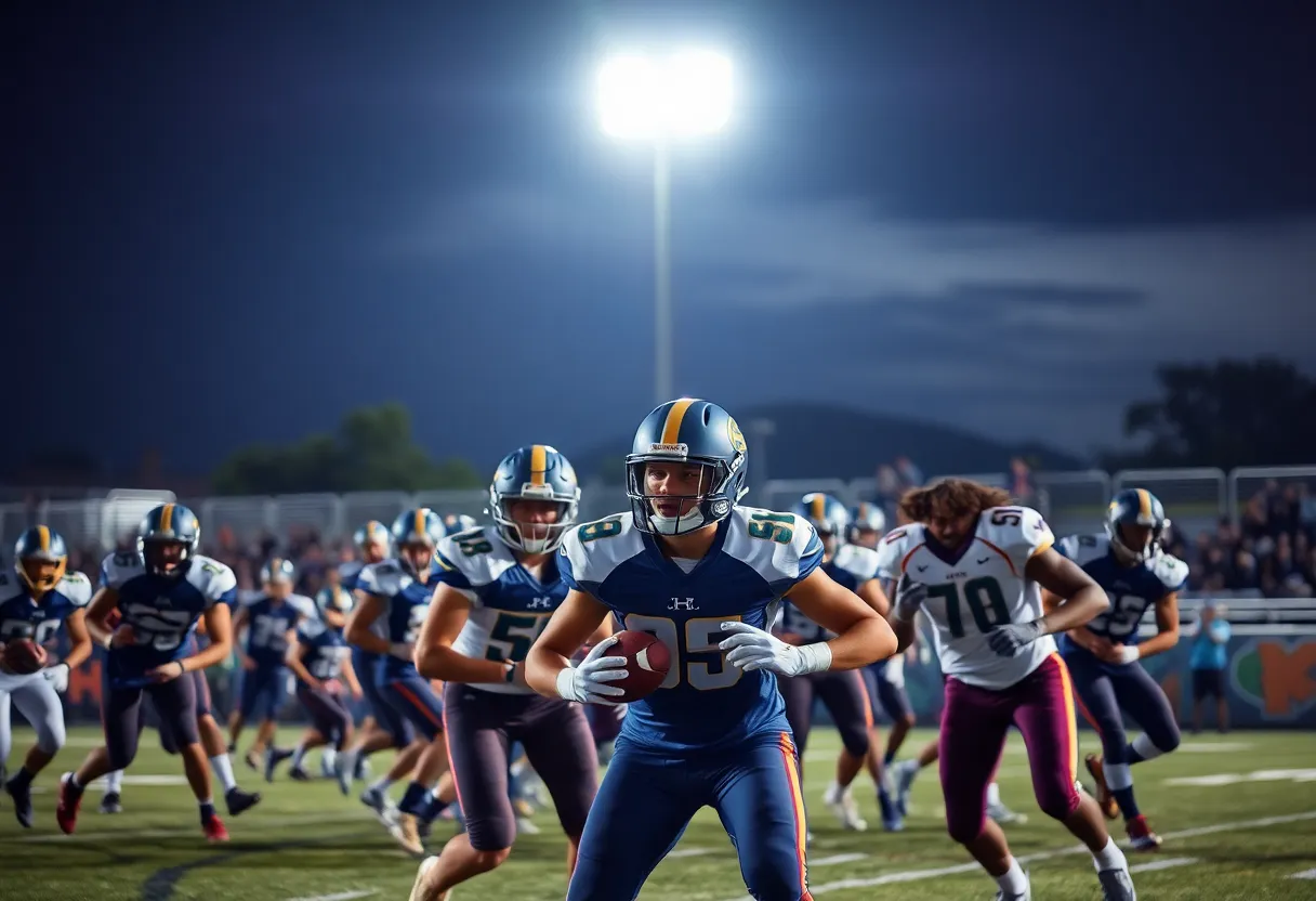 High school football players in action during a game
