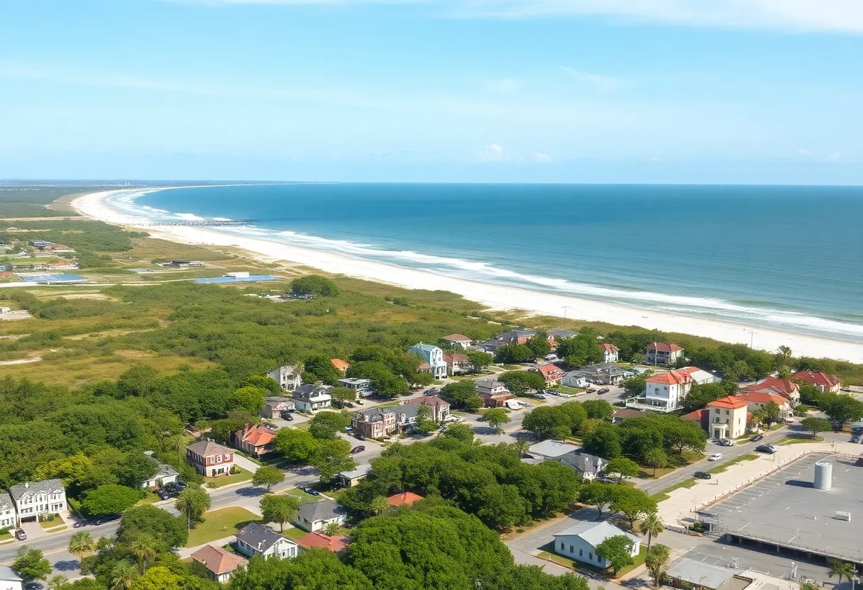 Scenic view of a coastal town in South Carolina with beaches and greenery.