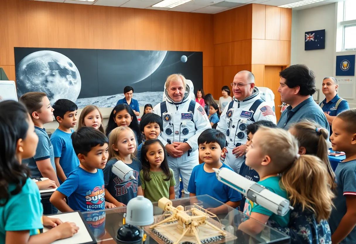 Elementary students interacting with an astronaut amid lunar models and a space agency backdrop