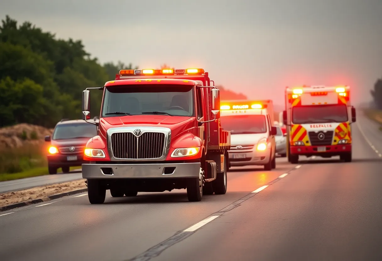 A tow truck scene on a highway with emergency vehicles and a clear warning for drivers to slow down.
