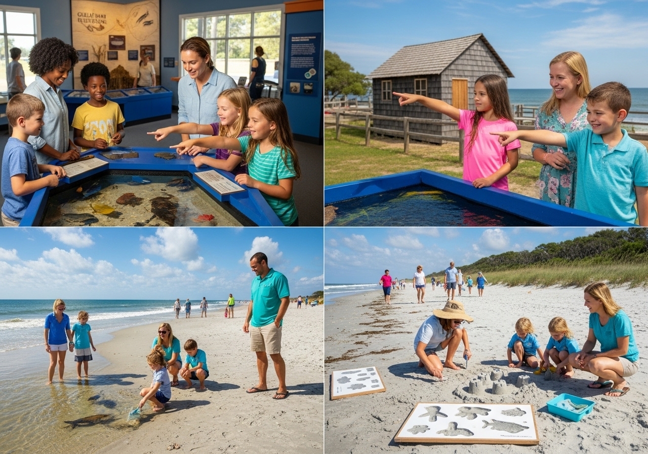 Happy families with children engaging in hands-on educational activities at a vibrant museum and beach on Hilton Head Island, South Carolina.