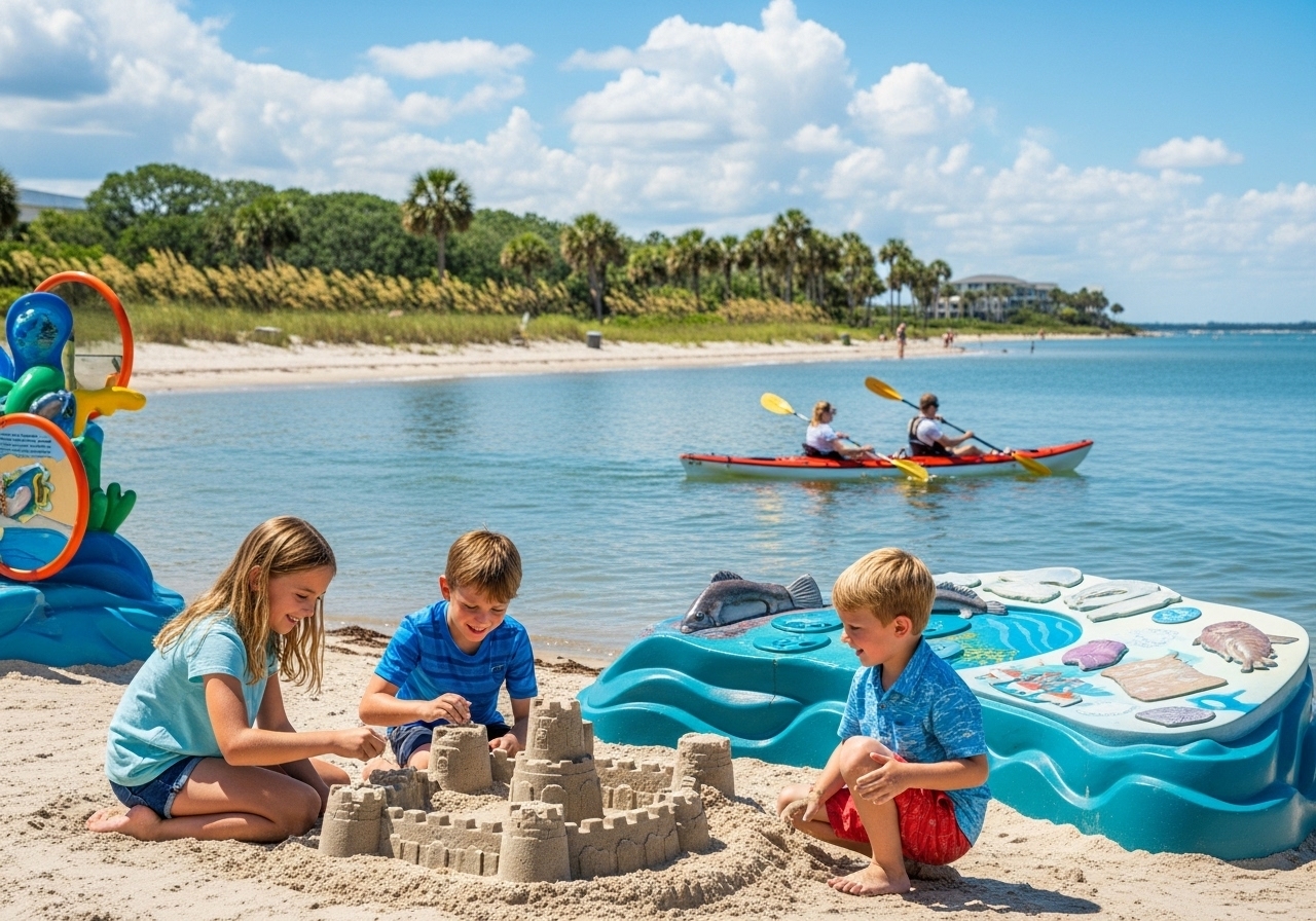 A vibrant family scene on Hilton Head Island beach: kids building sandcastles, parents kayaking in the background, with lush greenery and a playful museum exhibit in the foreground, under a sunny blue sky.