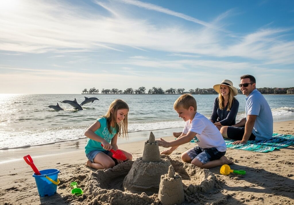 A vibrant family scene on Hilton Head Island beach with kids building sandcastles, dolphins in the ocean, and Savannah's moss-draped oaks in the distance, sunny and adventurous.