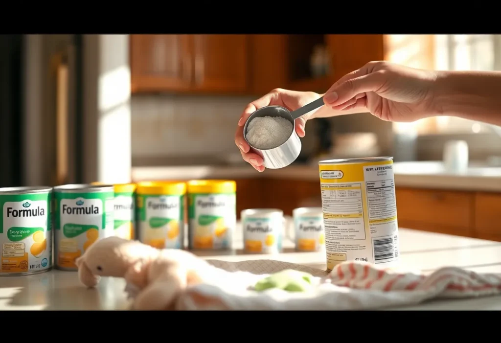 Caregiver checking baby formula label while measuring powdered formula in a kitchen