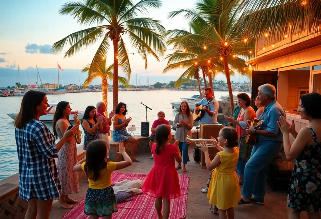 Diverse families and children clapping and listening to live blues musicians at a waterfront community event on an island