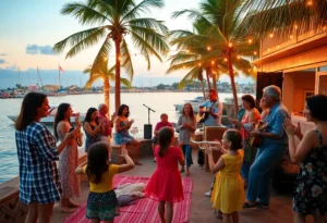 Diverse families and children clapping and listening to live blues musicians at a waterfront community event on an island