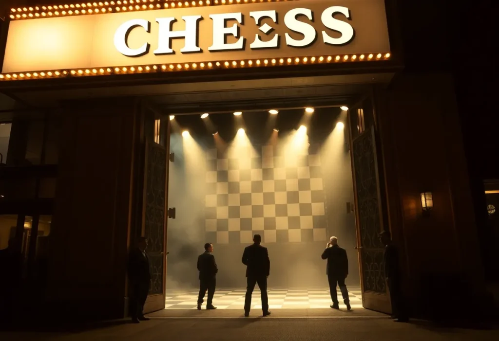 Historic theater marquee lit for the musical Chess with a chessboard visible onstage and dramatic spotlights