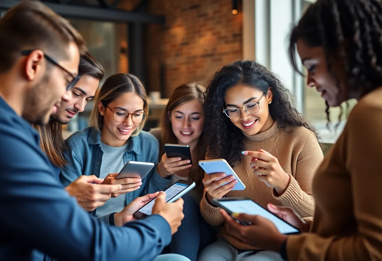 Diverse people interacting with personalized digital marketing content.