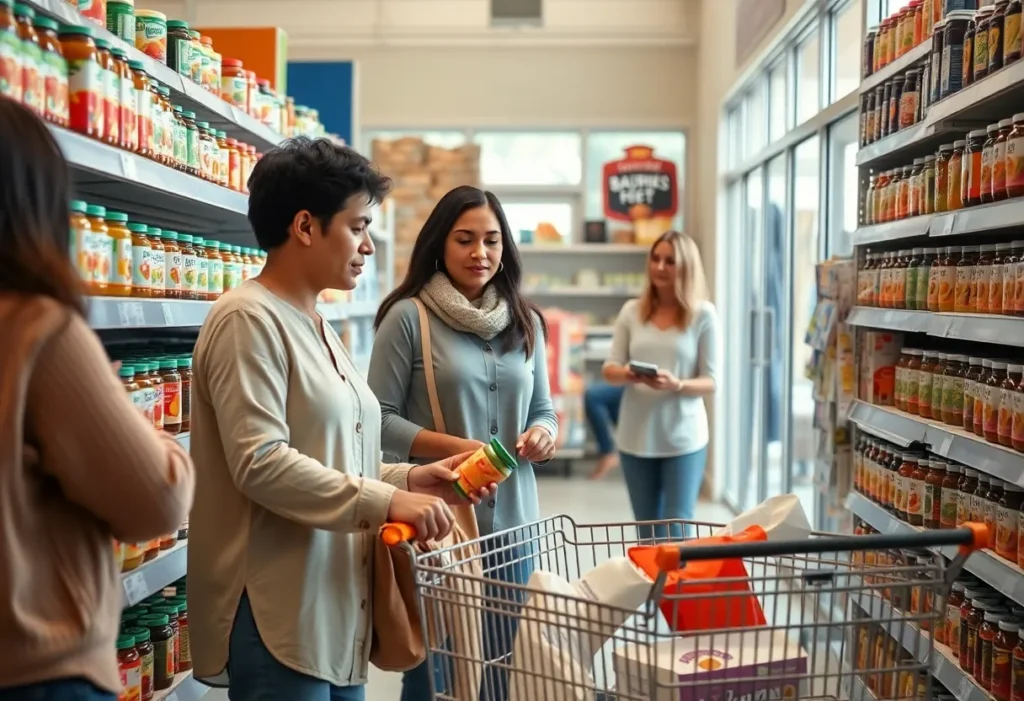 Parents browsing baby food aisle in a local store