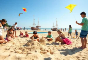 Children building sandcastles and playing near a ship-themed Adventure Playground at a Hilton Head Island beach park