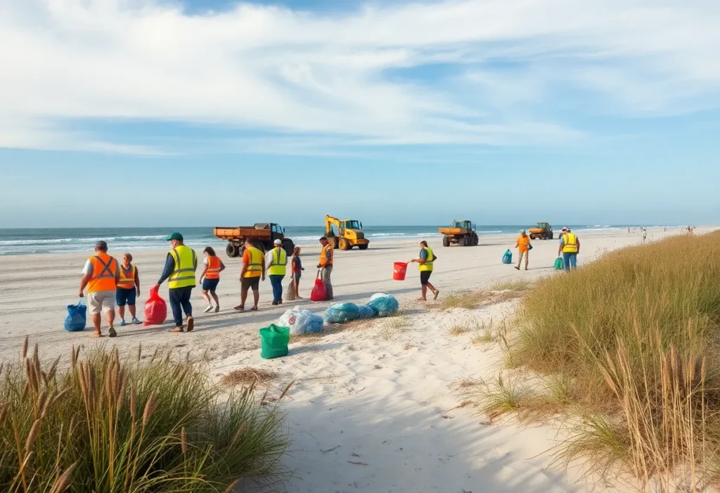 Volunteers collecting litter on a Hilton Head Island beach with sand renourishment equipment working in the background.