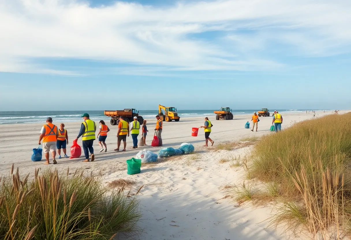 Volunteers collecting litter on a Hilton Head Island beach with sand renourishment equipment working in the background.