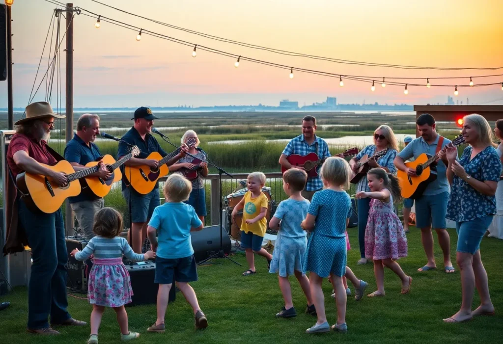 Families enjoying a live blues performance at a coastal community festival with children dancing.