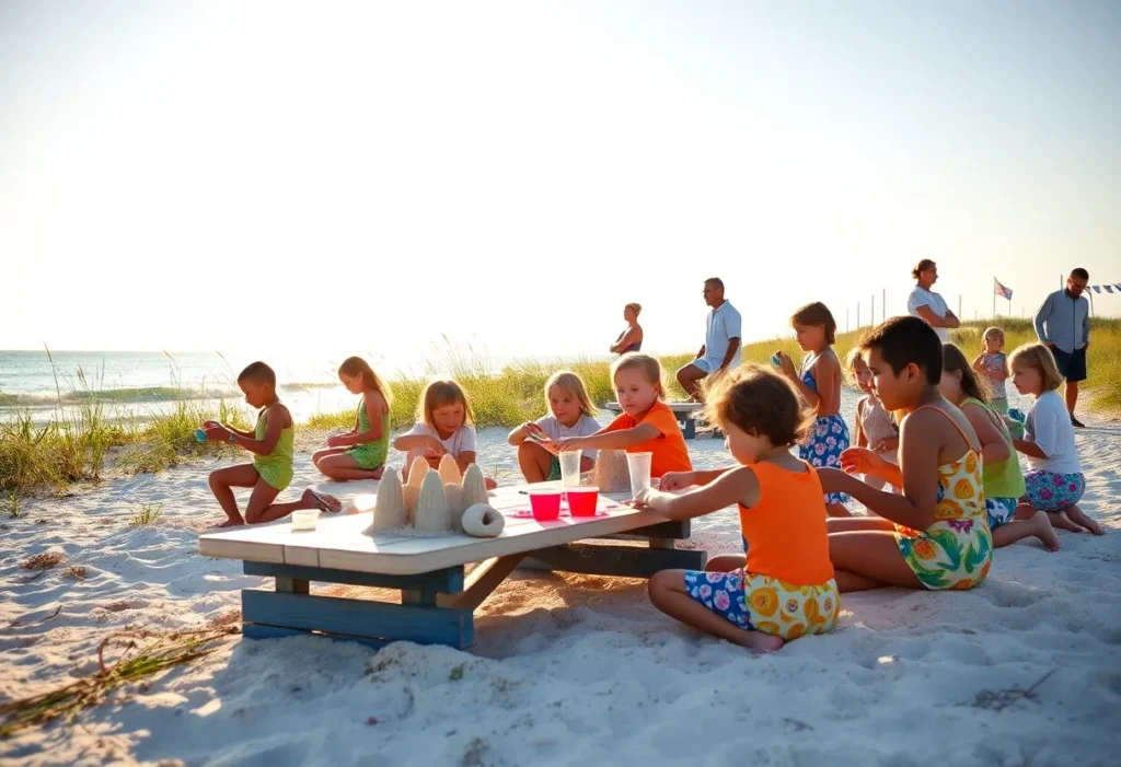 Group of children building sandcastles and making shell crafts at a beach-themed summer camp on Hilton Head Island