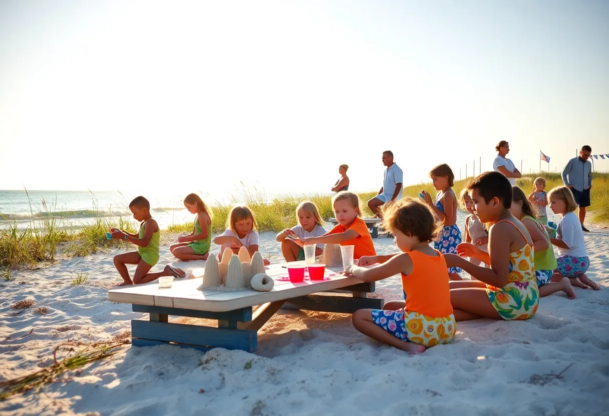 Group of children building sandcastles and making shell crafts at a beach-themed summer camp on Hilton Head Island