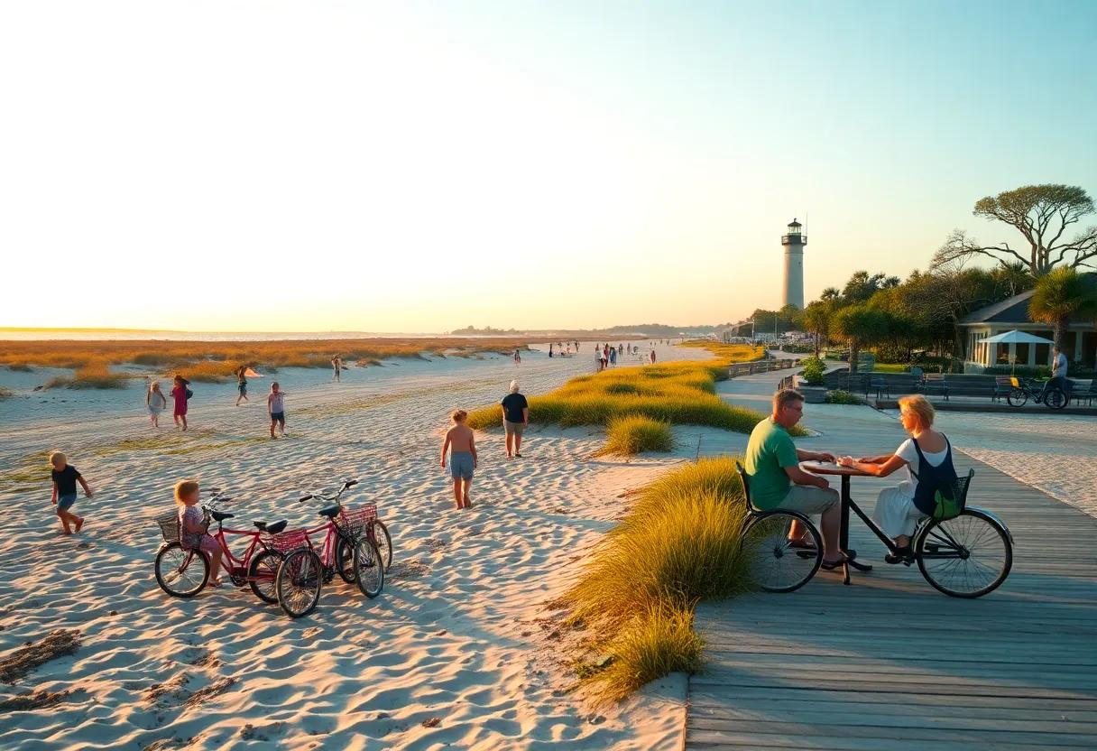 Families on Coligny Beach with Harbour Town Lighthouse visible in the distance