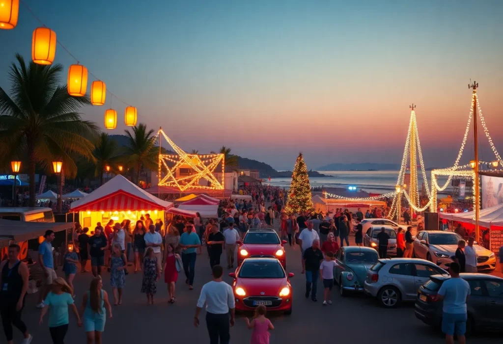 Montage of Hilton Head Island festivals with lanterns, vintage cars, seafood tents and holiday lights
