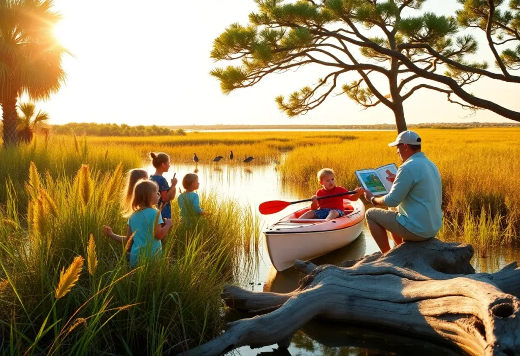 Children participating in a Hilton Head Island nature program on a sunny day with scavenger hunt, kayaking and storytelling
