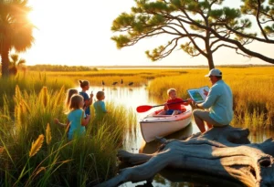 Children participating in a Hilton Head Island nature program on a sunny day with scavenger hunt, kayaking and storytelling