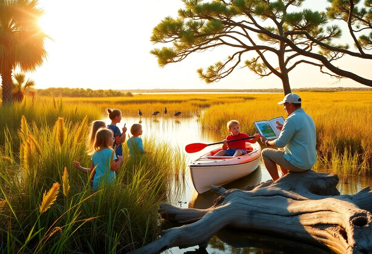Children participating in a Hilton Head Island nature program on a sunny day with scavenger hunt, kayaking and storytelling