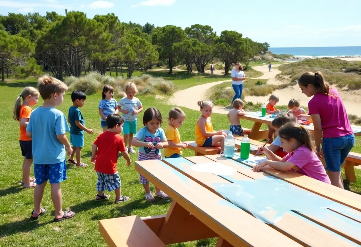 Children playing games and doing crafts outdoors at a Hilton Head Island summer camp