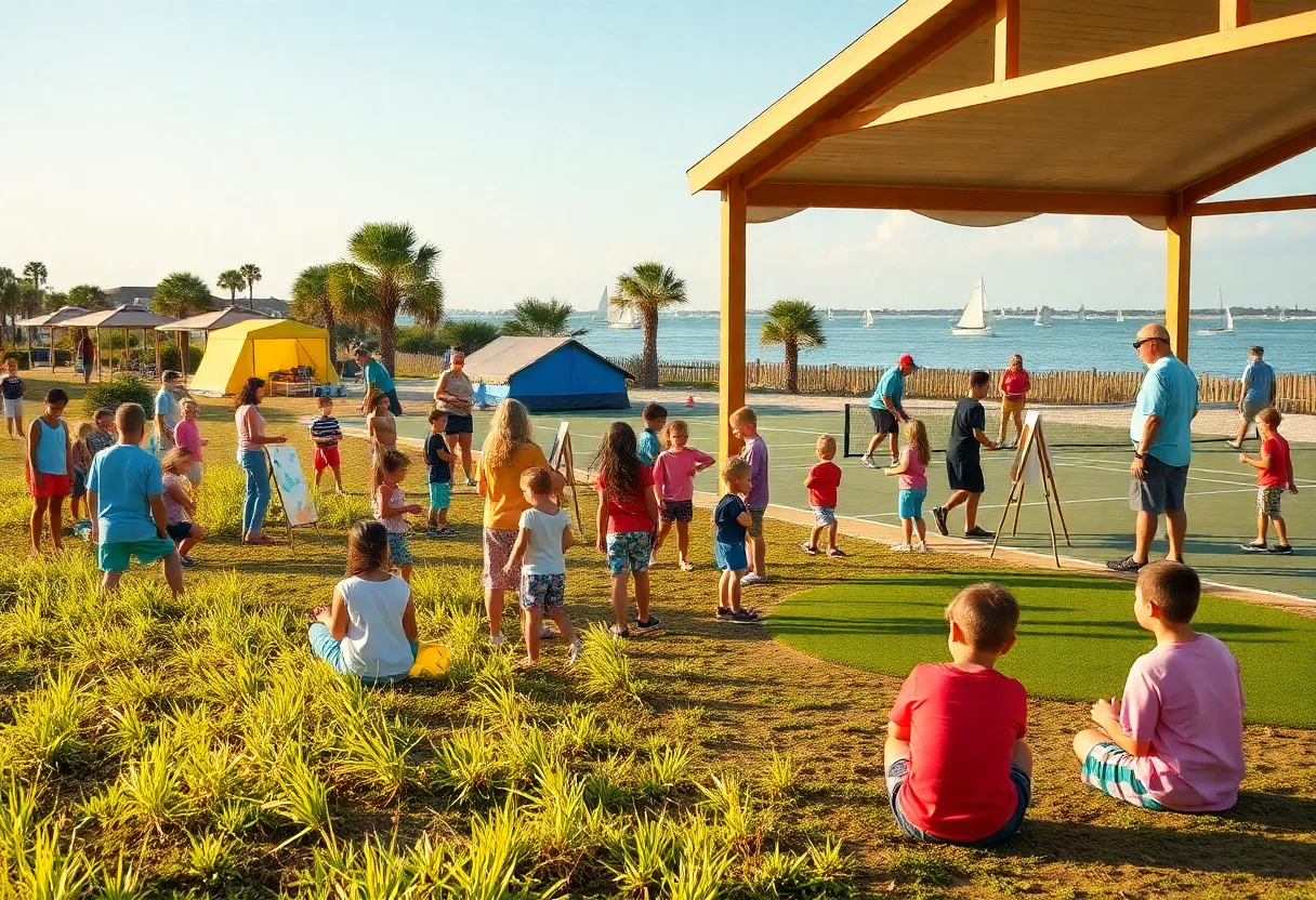 Children participating in outdoor games, art workshops, and sports at a coastal summer camp on Hilton Head Island