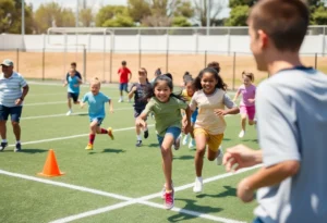 Diverse group of children and coaches doing passing and running drills on a sunny field, smiling and learning teamwork