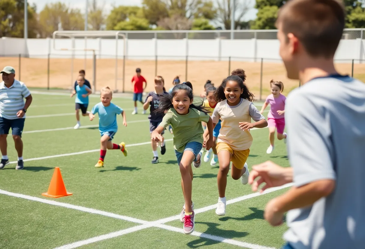 Diverse group of children and coaches doing passing and running drills on a sunny field, smiling and learning teamwork