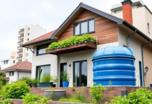 Modern house with sloped roof and rainwater harvesting system