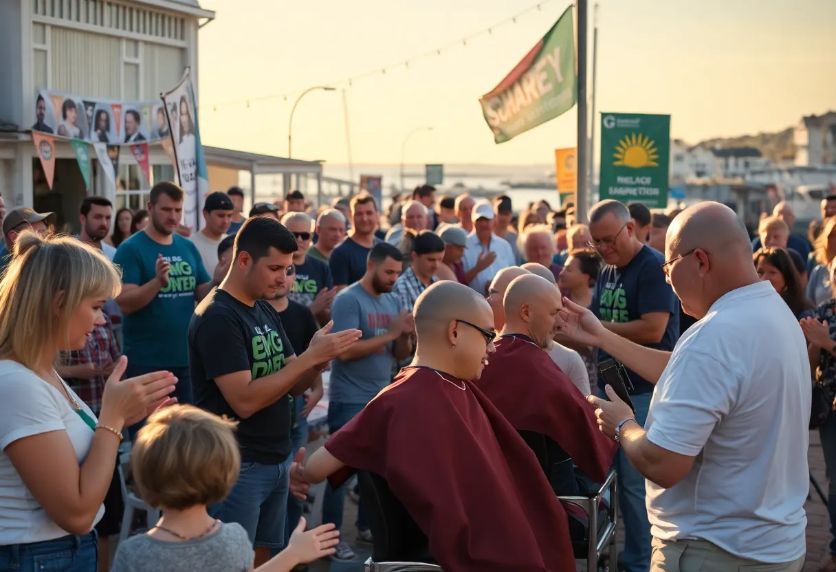 Community head-shaving fundraiser with volunteers, barbers, and cheering crowd in Port Royal