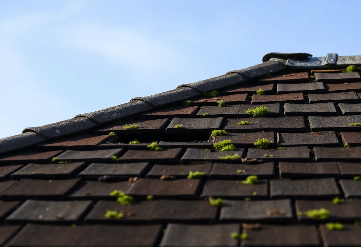 A roof showcasing signs of deterioration such as missing shingles and moss growth.