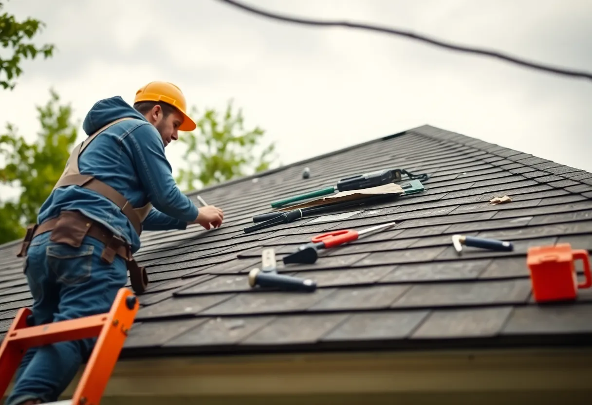 Homeowner inspecting roof shingles using a ladder