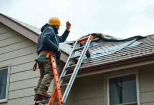 Individual assessing roof damage during a storm while prioritizing safety with a ladder and tarp.