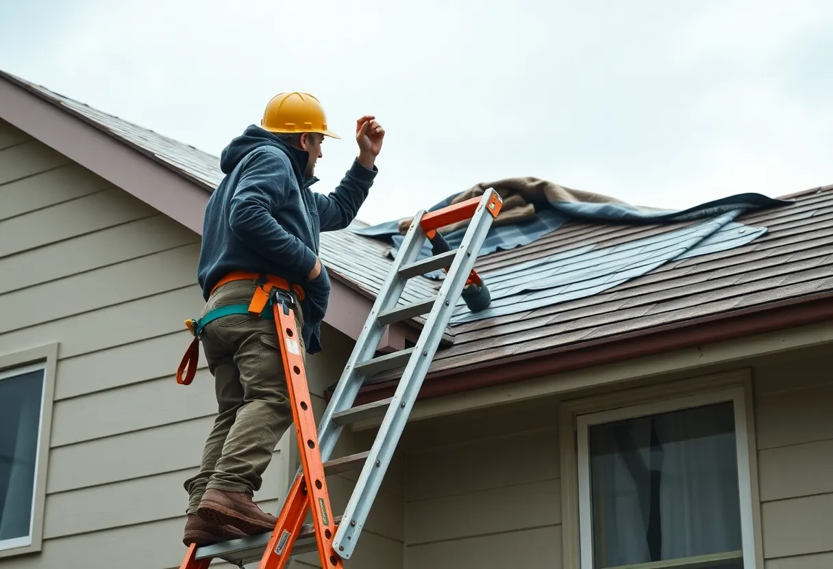 Individual assessing roof damage during a storm while prioritizing safety with a ladder and tarp.