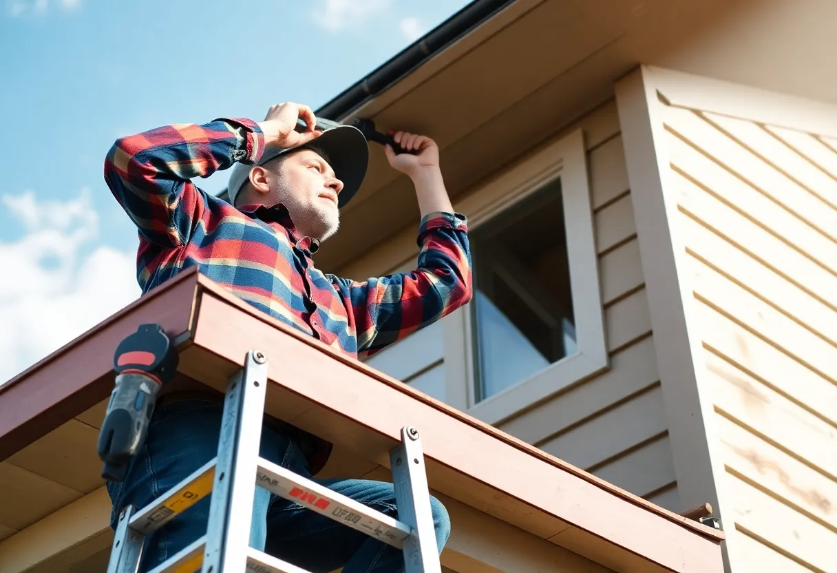 A homeowner conducting a roof inspection with tools.