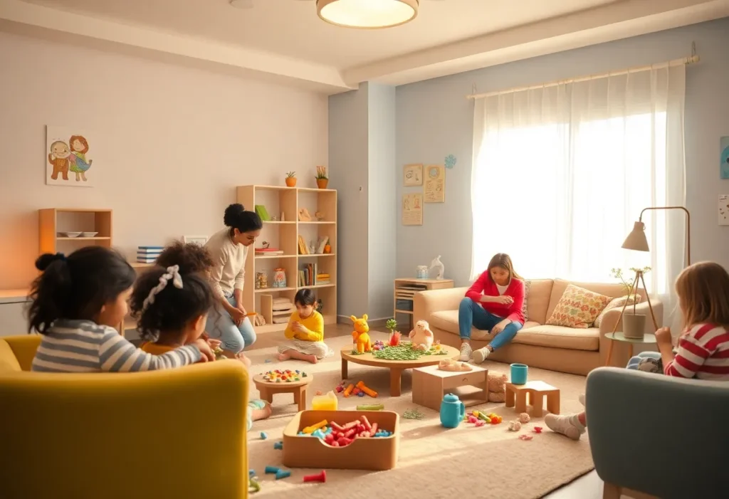 Children in a calm group play therapy room with therapists and toys