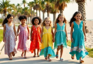 Children wearing colorful Y2K-style sleeveless V-neck dresses at a coastal park on Hilton Head Island