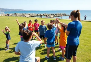 Children and coach doing team drills on a grassy field on Hilton Head Island