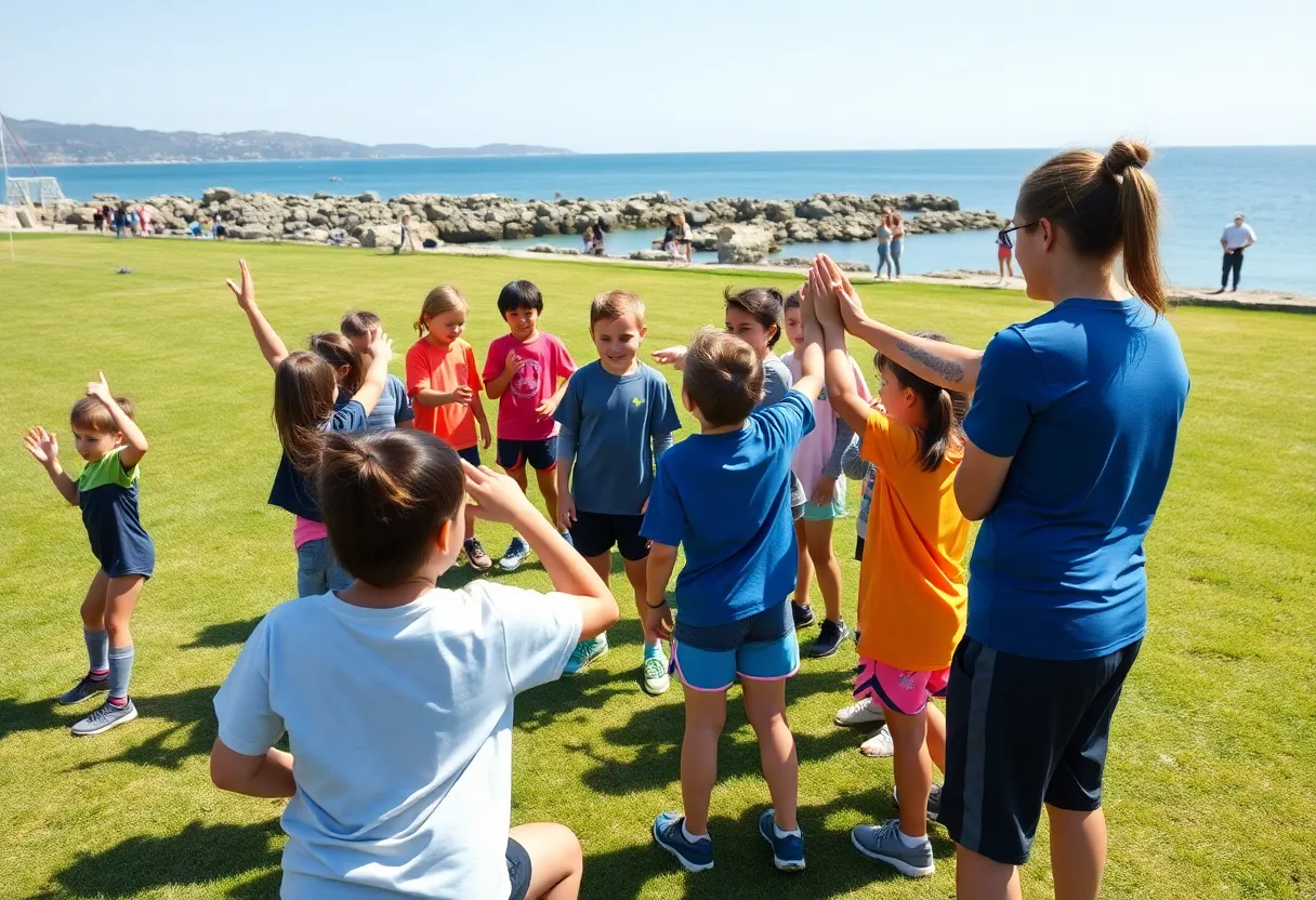 Children and coach doing team drills on a grassy field on Hilton Head Island