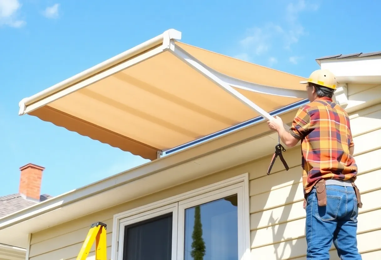 Homeowner installing a roof awning with tools on a sunny day.