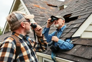 Homeowner inspecting a storm-damaged roof