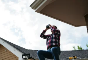 Homeowner using binoculars to inspect roof for storm damage